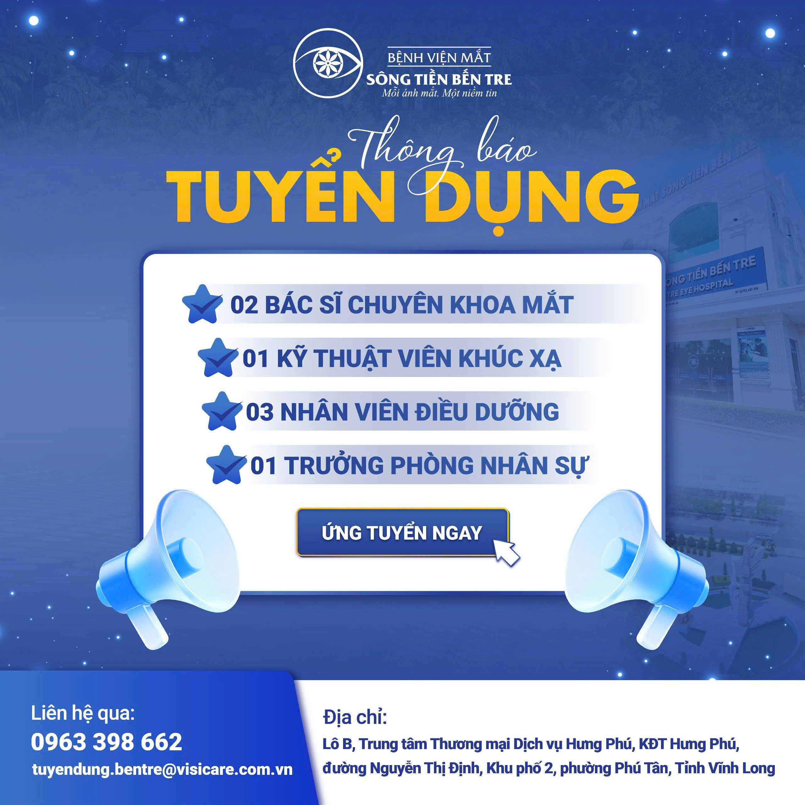 THÔNG BÁO TUYỂN DỤNG – BỆNH VIỆN MẮT SÔNG TIỀN – BẾN TRE - THÁNG 3/2026