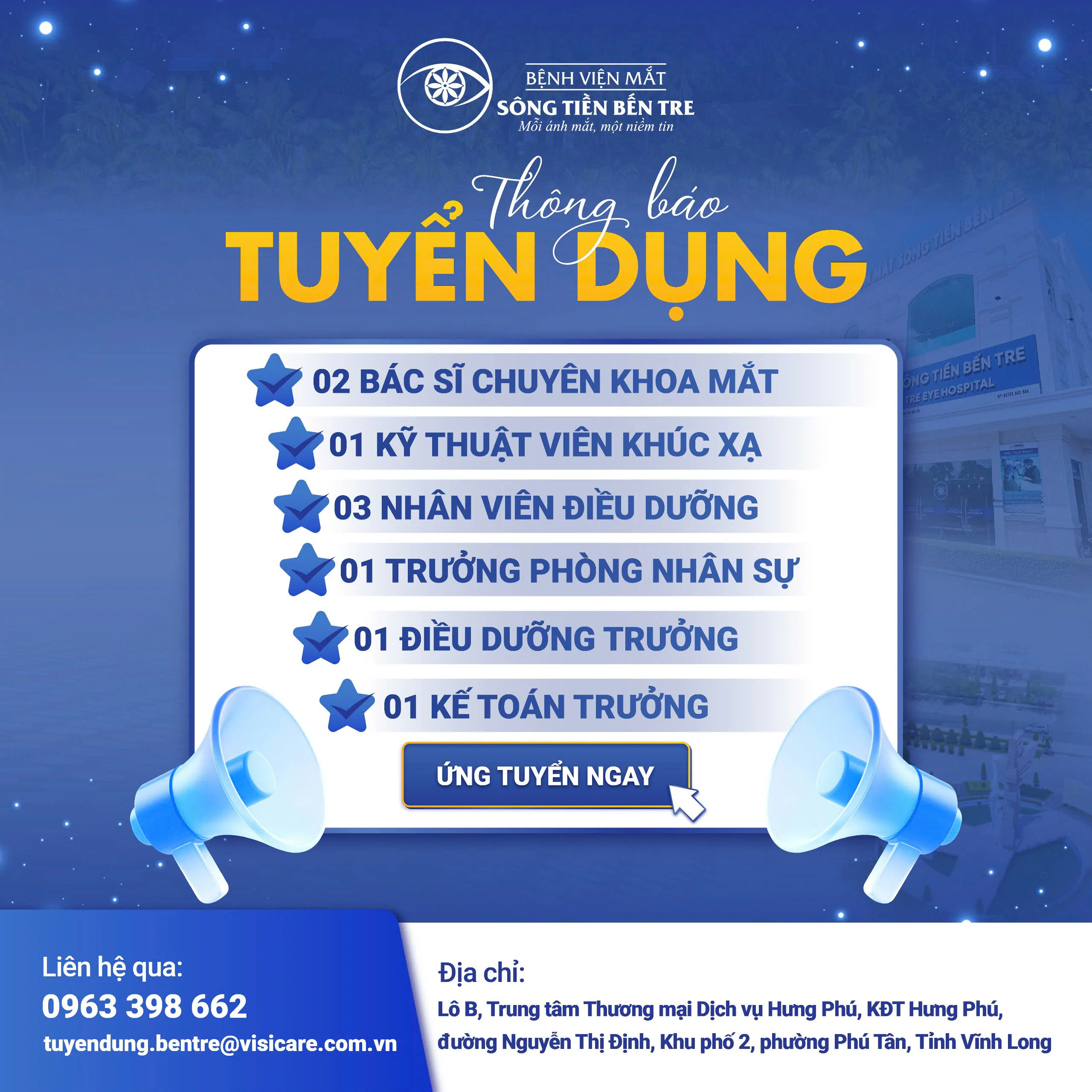 Bệnh viện Mắt Sông Tiền - Bến Tre tuyển dụng tháng 03/2026